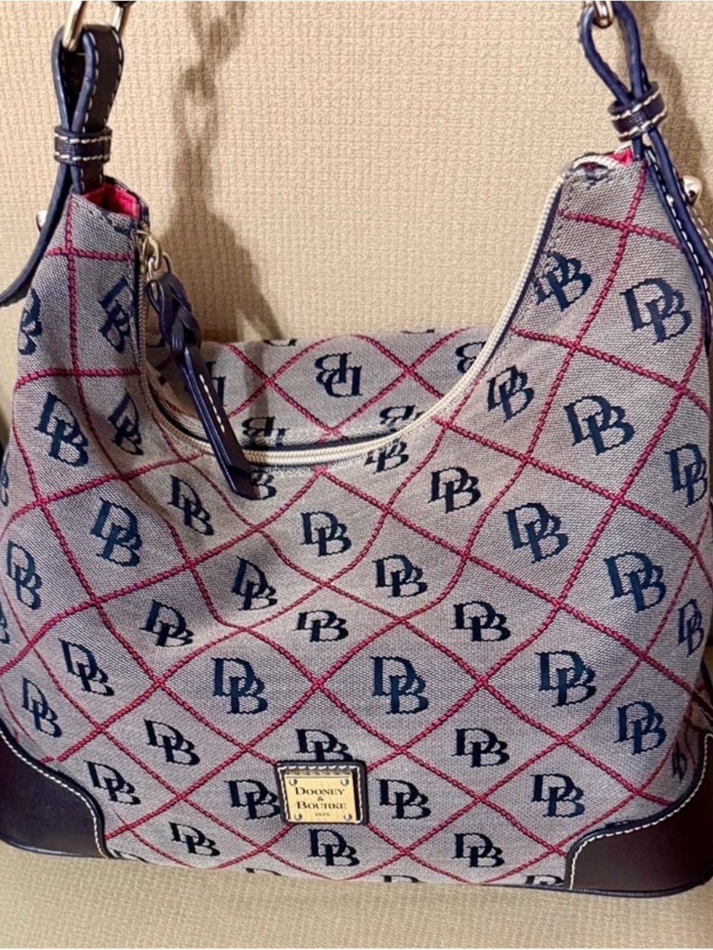 Dooney & Bourke Gray Canvas Shoulder Bag with Navy Trim and Red Stitching